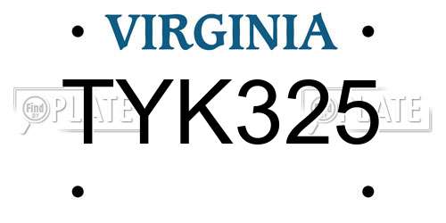 TYK325 Virginia License Plate