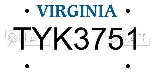 TYK3751 Virginia License Plate