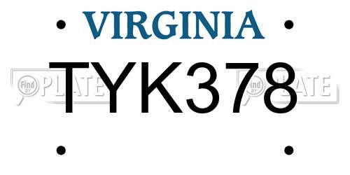 TYK378 Virginia License Plate