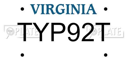 TYP92T Virginia License Plate