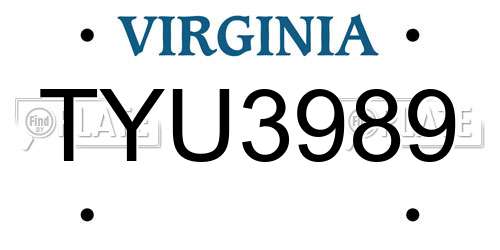 TYU3989 Virginia License Plate