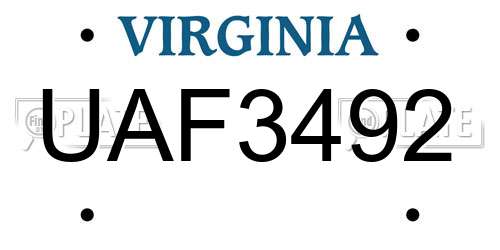 UAF3492 Virginia License Plate