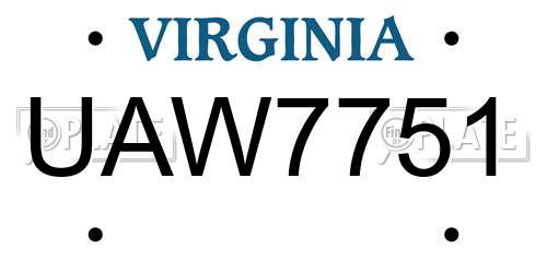 UAW7751 Virginia License Plate