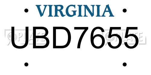 UBD7655 Virginia License Plate