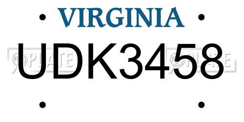 UDK3458 Virginia License Plate