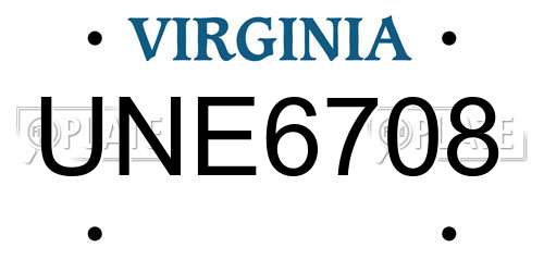 UNE6708 Virginia License Plate