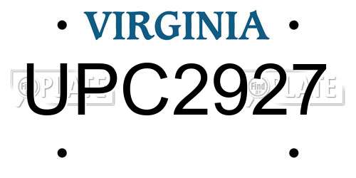 UPC2927 Virginia License Plate
