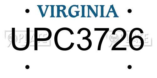 UPC3726 Virginia License Plate