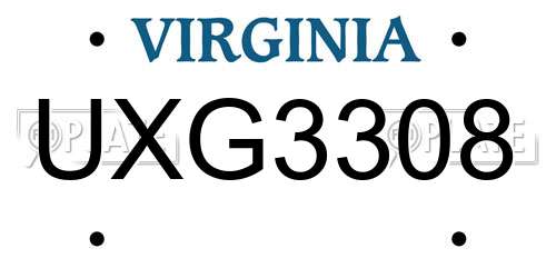 UXG3308 Virginia License Plate