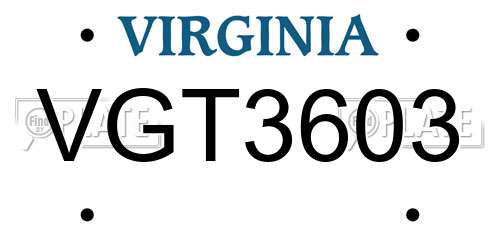 VGT3603 Virginia License Plate