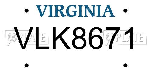 VLK8671 Virginia License Plate