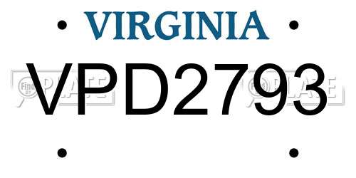 VPD2793 Virginia License Plate