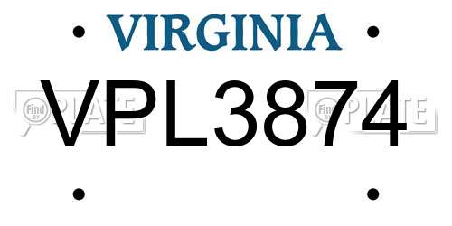VPL3874 Virginia License Plate