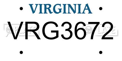 VRG3672 Virginia License Plate