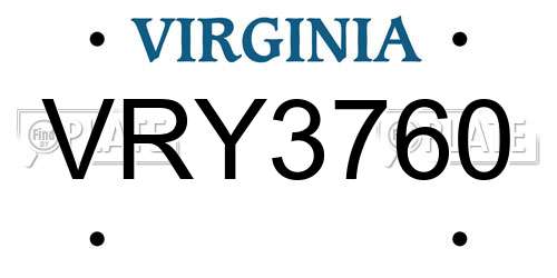 VRY3760 Virginia License Plate