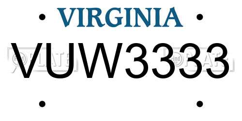 VUW3333 Virginia License Plate