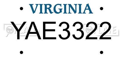 YAE3322 Virginia License Plate