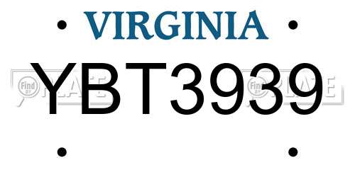 YBT3939 Virginia License Plate