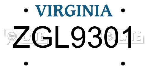 ZGL9301 Virginia License Plate
