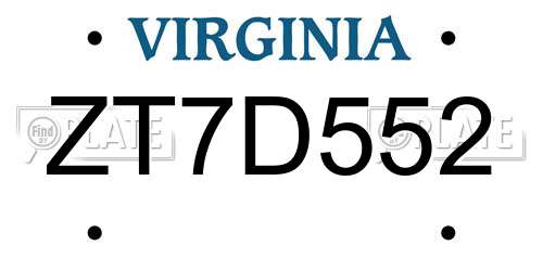 ZT7D552 Virginia License Plate