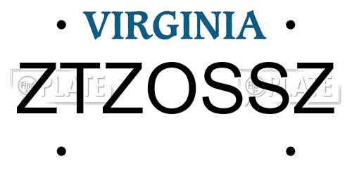 ZTZOSSZ Virginia License Plate