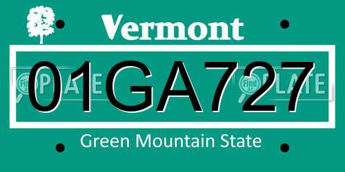 01GA727 Vermont License Plate