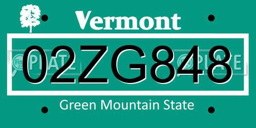 02ZG848 Vermont License Plate