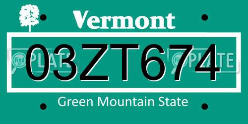 03ZT674 Vermont License Plate