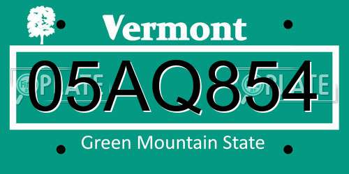 05AQ854 Vermont License Plate