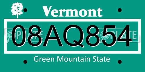 08AQ854 Vermont License Plate