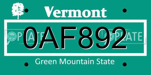 0AF892 Vermont License Plate