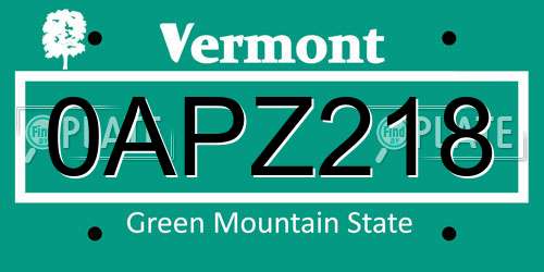 0APZ218 Vermont License Plate