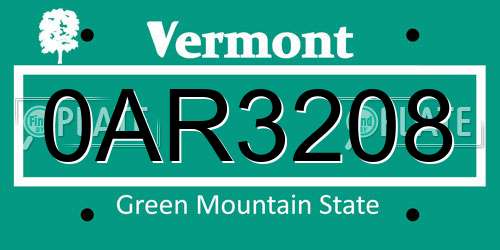 0AR3208 Vermont License Plate