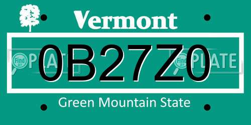 0B27Z0 Vermont License Plate