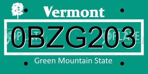 0BZG203 Vermont License Plate