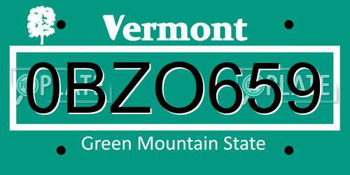0BZO659 Vermont License Plate