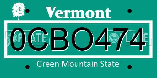 0CBO474 Vermont License Plate