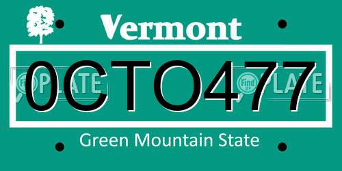 0CTO477 Vermont License Plate