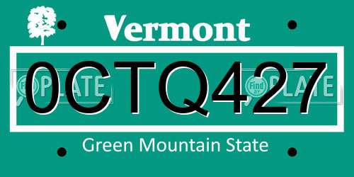 0CTQ427 Vermont License Plate