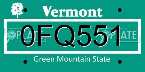 0FQ551 Vermont License Plate