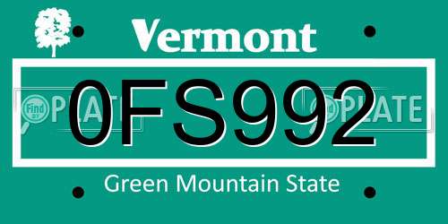 0FS992 Vermont License Plate
