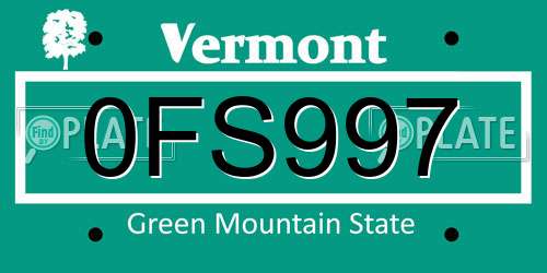 0FS997 Vermont License Plate