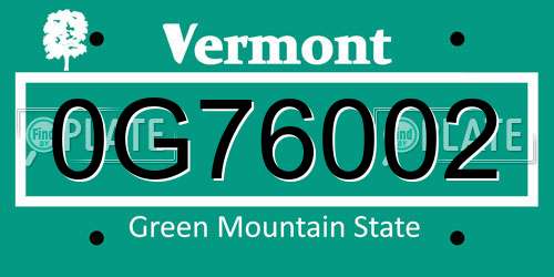 0G76002 Vermont License Plate