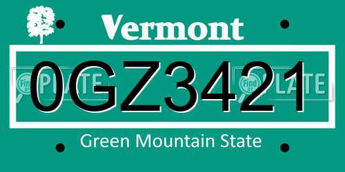 0GZ3421 Vermont License Plate