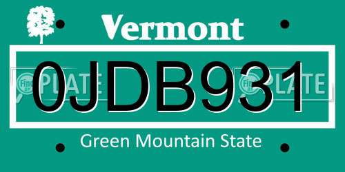 0JDB931 Vermont License Plate