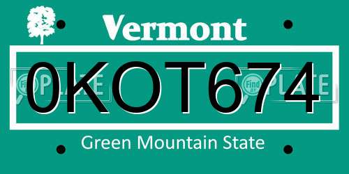 0KOT674 Vermont License Plate