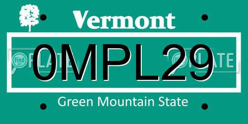 0MPL29 Vermont License Plate