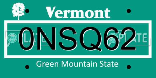 0NSQ62 Vermont License Plate