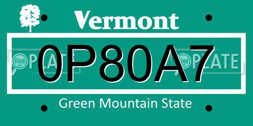 0P80A7 Vermont License Plate