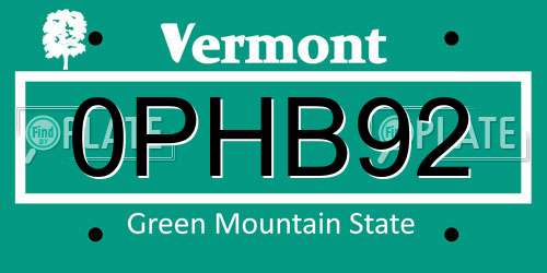 0PHB92 Vermont License Plate